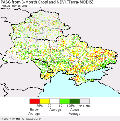 Ukraine, Moldova and Belarus PASG from 3-Month Cropland NDVI (Terra-MODIS) Thematic Map For 11/9/2021 - 11/16/2021