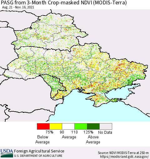 Ukraine, Moldova and Belarus PASG from 3-Month Cropland NDVI (Terra-MODIS) Thematic Map For 11/11/2021 - 11/20/2021