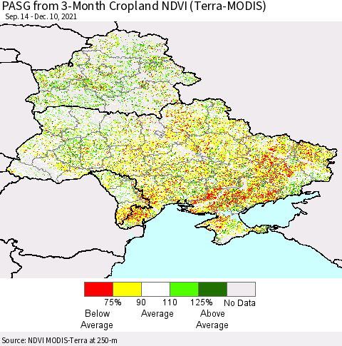 Ukraine, Moldova and Belarus PASG from 3-Month Cropland NDVI (Terra-MODIS) Thematic Map For 12/1/2021 - 12/10/2021
