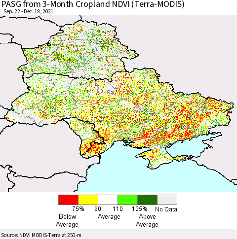 Ukraine, Moldova and Belarus PASG from 3-Month Cropland NDVI (Terra-MODIS) Thematic Map For 12/11/2021 - 12/18/2021