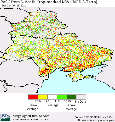 Ukraine, Moldova and Belarus PASG from 3-Month Cropland NDVI (Terra-MODIS) Thematic Map For 12/11/2021 - 12/20/2021