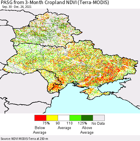 Ukraine, Moldova and Belarus PASG from 3-Month Cropland NDVI (Terra-MODIS) Thematic Map For 12/19/2021 - 12/26/2021