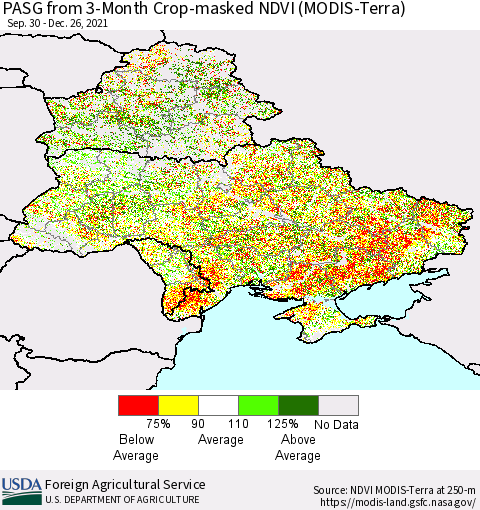 Ukraine, Moldova and Belarus PASG from 3-Month Cropland NDVI (Terra-MODIS) Thematic Map For 12/21/2021 - 12/31/2021