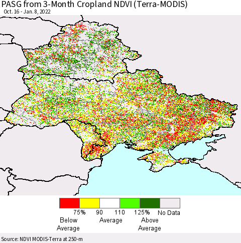 Ukraine, Moldova and Belarus PASG from 3-Month Cropland NDVI (Terra-MODIS) Thematic Map For 1/1/2022 - 1/8/2022