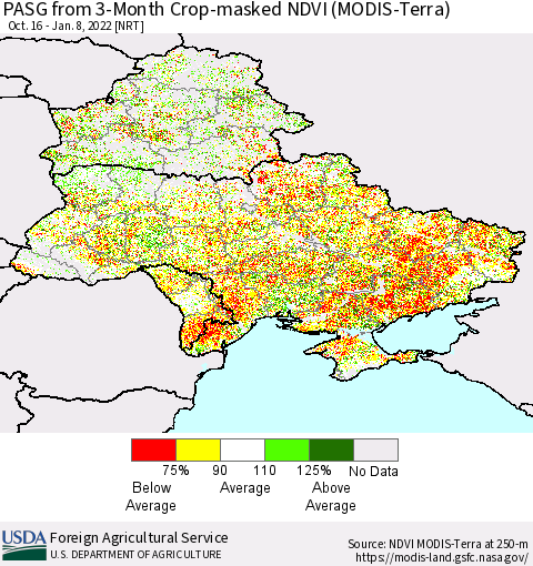 Ukraine, Moldova and Belarus PASG from 3-Month Cropland NDVI (Terra-MODIS) Thematic Map For 1/1/2022 - 1/10/2022