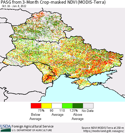 Ukraine, Moldova and Belarus PASG from 3-Month Cropland NDVI (Terra-MODIS) Thematic Map For 1/1/2022 - 1/10/2022