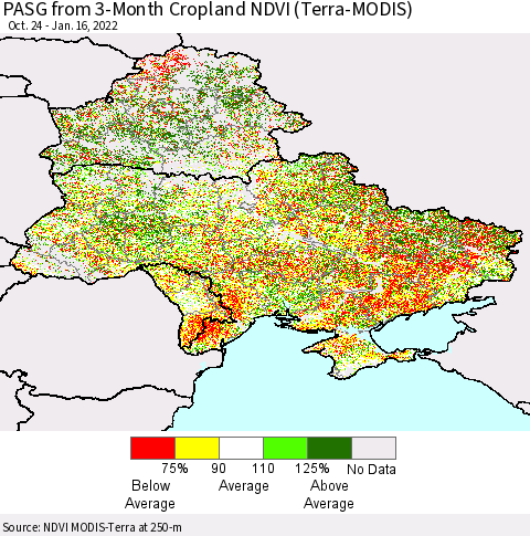 Ukraine, Moldova and Belarus PASG from 3-Month Cropland NDVI (Terra-MODIS) Thematic Map For 1/9/2022 - 1/16/2022
