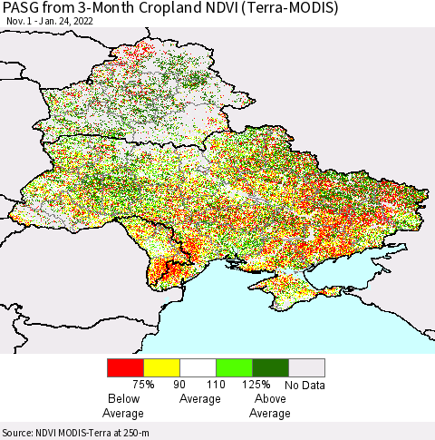 Ukraine, Moldova and Belarus PASG from 3-Month Cropland NDVI (Terra-MODIS) Thematic Map For 1/17/2022 - 1/24/2022
