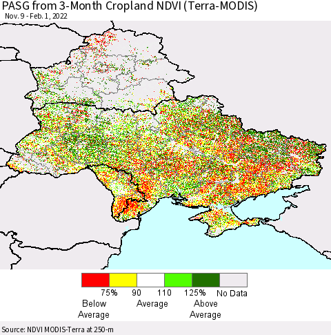 Ukraine, Moldova and Belarus PASG from 3-Month Cropland NDVI (Terra-MODIS) Thematic Map For 1/25/2022 - 2/1/2022