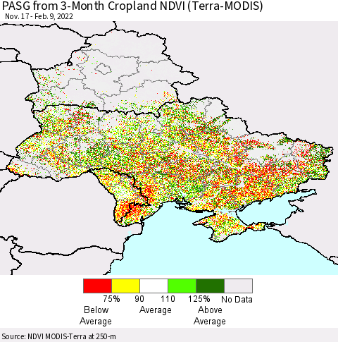 Ukraine, Moldova and Belarus PASG from 3-Month Cropland NDVI (Terra-MODIS) Thematic Map For 2/2/2022 - 2/9/2022