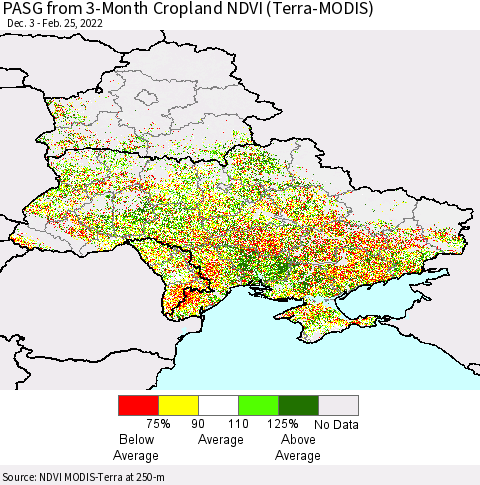 Ukraine, Moldova and Belarus PASG from 3-Month Cropland NDVI (Terra-MODIS) Thematic Map For 2/18/2022 - 2/25/2022