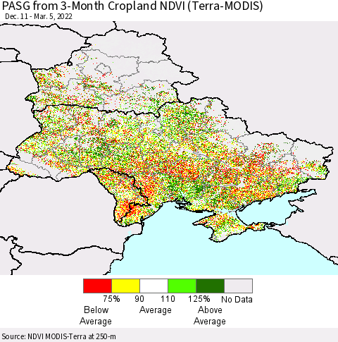 Ukraine, Moldova and Belarus PASG from 3-Month Cropland NDVI (Terra-MODIS) Thematic Map For 2/26/2022 - 3/5/2022