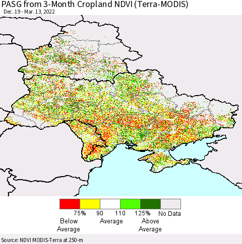 Ukraine, Moldova and Belarus PASG from 3-Month Cropland NDVI (Terra-MODIS) Thematic Map For 3/6/2022 - 3/13/2022