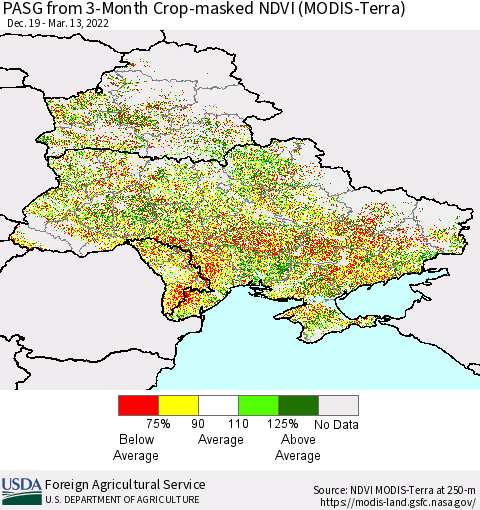 Ukraine, Moldova and Belarus PASG from 3-Month Cropland NDVI (Terra-MODIS) Thematic Map For 3/11/2022 - 3/20/2022