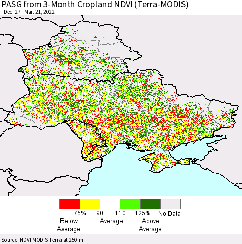 Ukraine, Moldova and Belarus PASG from 3-Month Cropland NDVI (Terra-MODIS) Thematic Map For 3/14/2022 - 3/21/2022