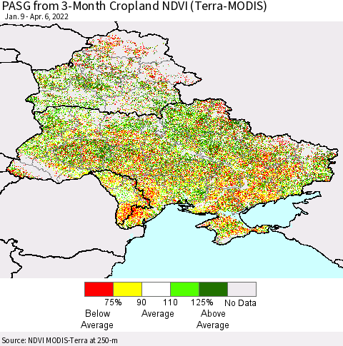 Ukraine, Moldova and Belarus PASG from 3-Month Cropland NDVI (Terra-MODIS) Thematic Map For 3/30/2022 - 4/6/2022