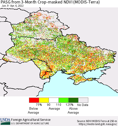 Ukraine, Moldova and Belarus PASG from 3-Month Cropland NDVI (Terra-MODIS) Thematic Map For 4/1/2022 - 4/10/2022