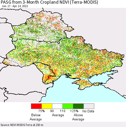 Ukraine, Moldova and Belarus PASG from 3-Month Cropland NDVI (Terra-MODIS) Thematic Map For 4/7/2022 - 4/14/2022