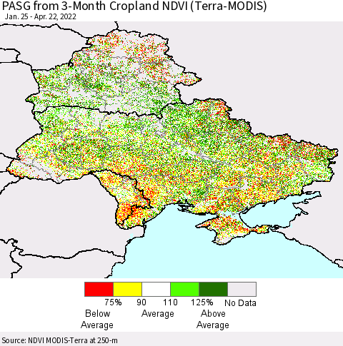 Ukraine, Moldova and Belarus PASG from 3-Month Cropland NDVI (Terra-MODIS) Thematic Map For 4/15/2022 - 4/22/2022