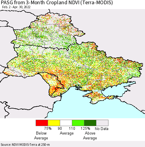 Ukraine, Moldova and Belarus PASG from 3-Month Cropland NDVI (Terra-MODIS) Thematic Map For 4/21/2022 - 4/30/2022