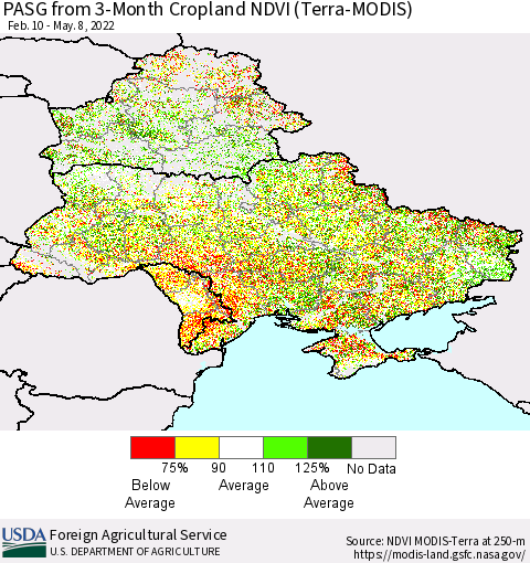 Ukraine, Moldova and Belarus PASG from 3-Month Cropland NDVI (Terra-MODIS) Thematic Map For 5/1/2022 - 5/10/2022