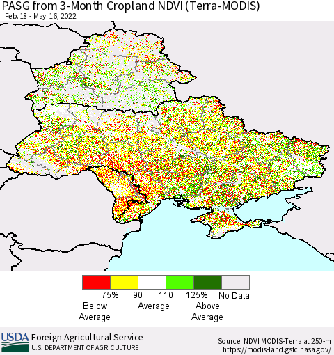 Ukraine, Moldova and Belarus PASG from 3-Month Cropland NDVI (Terra-MODIS) Thematic Map For 5/11/2022 - 5/20/2022