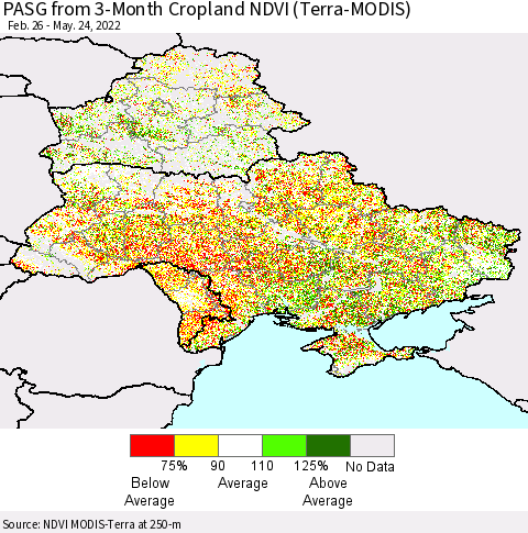 Ukraine, Moldova and Belarus PASG from 3-Month Cropland NDVI (Terra-MODIS) Thematic Map For 5/17/2022 - 5/24/2022