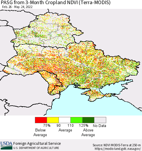 Ukraine, Moldova and Belarus PASG from 3-Month Cropland NDVI (Terra-MODIS) Thematic Map For 5/21/2022 - 5/31/2022