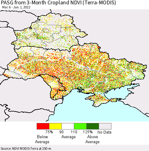 Ukraine, Moldova and Belarus PASG from 3-Month Cropland NDVI (Terra-MODIS) Thematic Map For 5/25/2022 - 6/1/2022