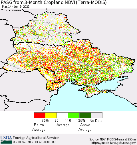 Ukraine, Moldova and Belarus PASG from 3-Month Cropland NDVI (Terra-MODIS) Thematic Map For 6/1/2022 - 6/10/2022