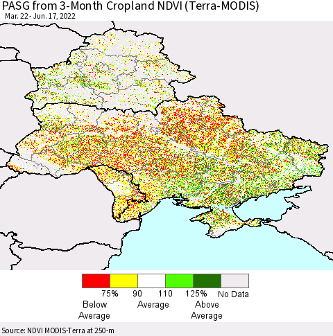 Ukraine, Moldova and Belarus PASG from 3-Month Cropland NDVI (Terra-MODIS) Thematic Map For 6/10/2022 - 6/17/2022