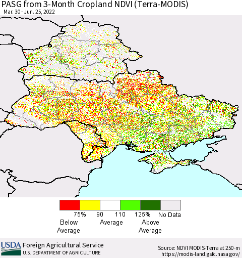 Ukraine, Moldova and Belarus PASG from 3-Month Cropland NDVI (Terra-MODIS) Thematic Map For 6/21/2022 - 6/30/2022