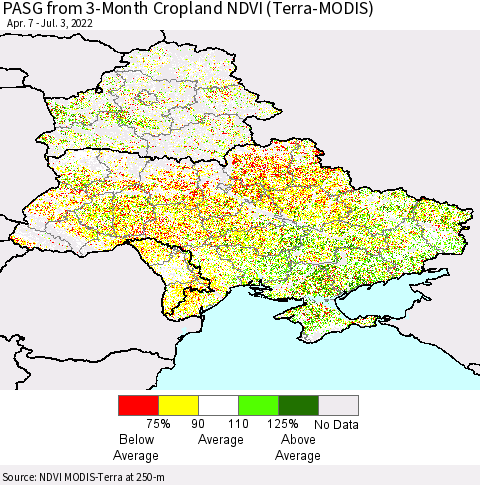 Ukraine, Moldova and Belarus PASG from 3-Month Cropland NDVI (Terra-MODIS) Thematic Map For 6/26/2022 - 7/3/2022