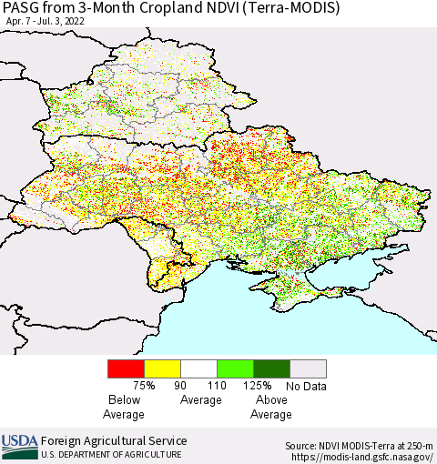 Ukraine, Moldova and Belarus PASG from 3-Month Cropland NDVI (Terra-MODIS) Thematic Map For 7/1/2022 - 7/10/2022