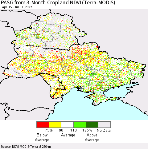 Ukraine, Moldova and Belarus PASG from 3-Month Cropland NDVI (Terra-MODIS) Thematic Map For 7/4/2022 - 7/11/2022