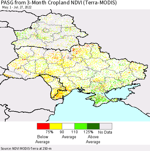 Ukraine, Moldova and Belarus PASG from 3-Month Cropland NDVI (Terra-MODIS) Thematic Map For 7/20/2022 - 7/27/2022