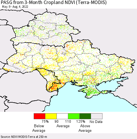 Ukraine, Moldova and Belarus PASG from 3-Month Cropland NDVI (Terra-MODIS) Thematic Map For 7/28/2022 - 8/4/2022