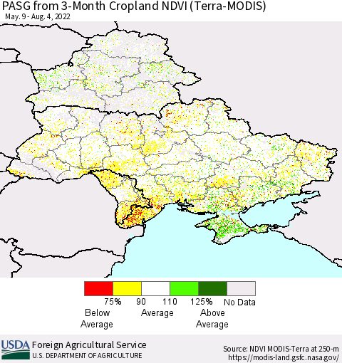 Ukraine, Moldova and Belarus PASG from 3-Month Cropland NDVI (Terra-MODIS) Thematic Map For 8/1/2022 - 8/10/2022