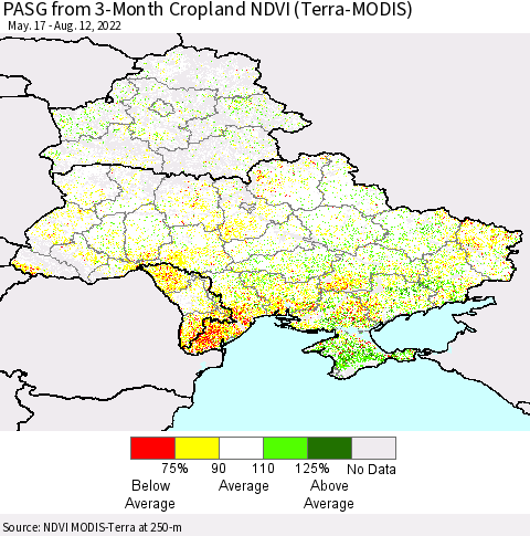Ukraine, Moldova and Belarus PASG from 3-Month Cropland NDVI (Terra-MODIS) Thematic Map For 8/5/2022 - 8/12/2022