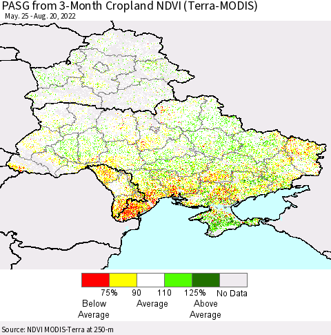 Ukraine, Moldova and Belarus PASG from 3-Month Cropland NDVI (Terra-MODIS) Thematic Map For 8/13/2022 - 8/20/2022