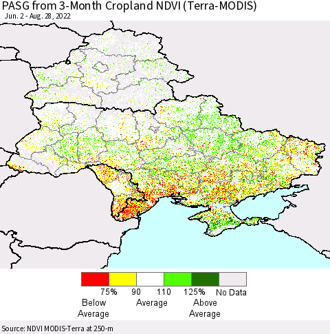 Ukraine, Moldova and Belarus PASG from 3-Month Cropland NDVI (Terra-MODIS) Thematic Map For 8/21/2022 - 8/28/2022