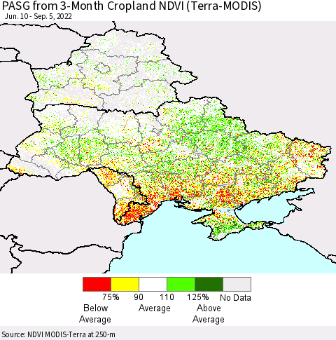 Ukraine, Moldova and Belarus PASG from 3-Month Cropland NDVI (Terra-MODIS) Thematic Map For 8/29/2022 - 9/5/2022