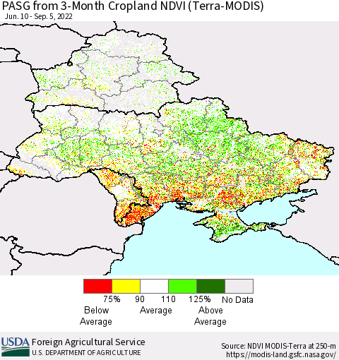Ukraine, Moldova and Belarus PASG from 3-Month Cropland NDVI (Terra-MODIS) Thematic Map For 9/1/2022 - 9/10/2022