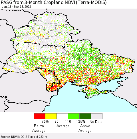 Ukraine, Moldova and Belarus PASG from 3-Month Cropland NDVI (Terra-MODIS) Thematic Map For 9/6/2022 - 9/13/2022
