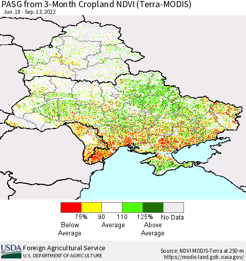 Ukraine, Moldova and Belarus PASG from 3-Month Cropland NDVI (Terra-MODIS) Thematic Map For 9/11/2022 - 9/20/2022