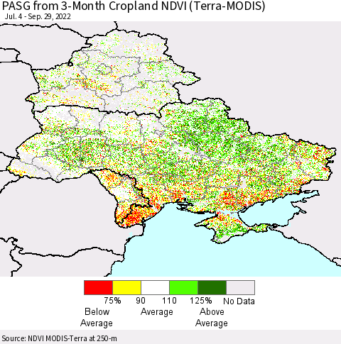 Ukraine, Moldova and Belarus PASG from 3-Month Cropland NDVI (Terra-MODIS) Thematic Map For 9/22/2022 - 9/29/2022