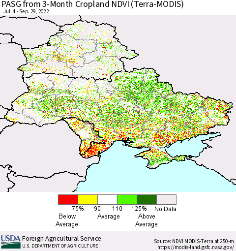 Ukraine, Moldova and Belarus PASG from 3-Month Cropland NDVI (Terra-MODIS) Thematic Map For 9/21/2022 - 9/30/2022