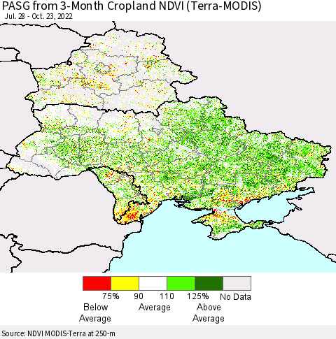 Ukraine, Moldova and Belarus PASG from 3-Month Cropland NDVI (Terra-MODIS) Thematic Map For 10/16/2022 - 10/23/2022