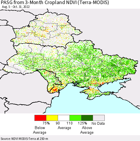 Ukraine, Moldova and Belarus PASG from 3-Month Cropland NDVI (Terra-MODIS) Thematic Map For 10/21/2022 - 10/31/2022
