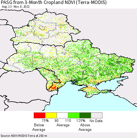 Ukraine, Moldova and Belarus PASG from 3-Month Cropland NDVI (Terra-MODIS) Thematic Map For 11/1/2022 - 11/8/2022